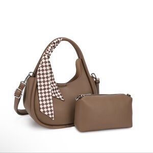 Brown Bucket Bag with Gingham Scarf